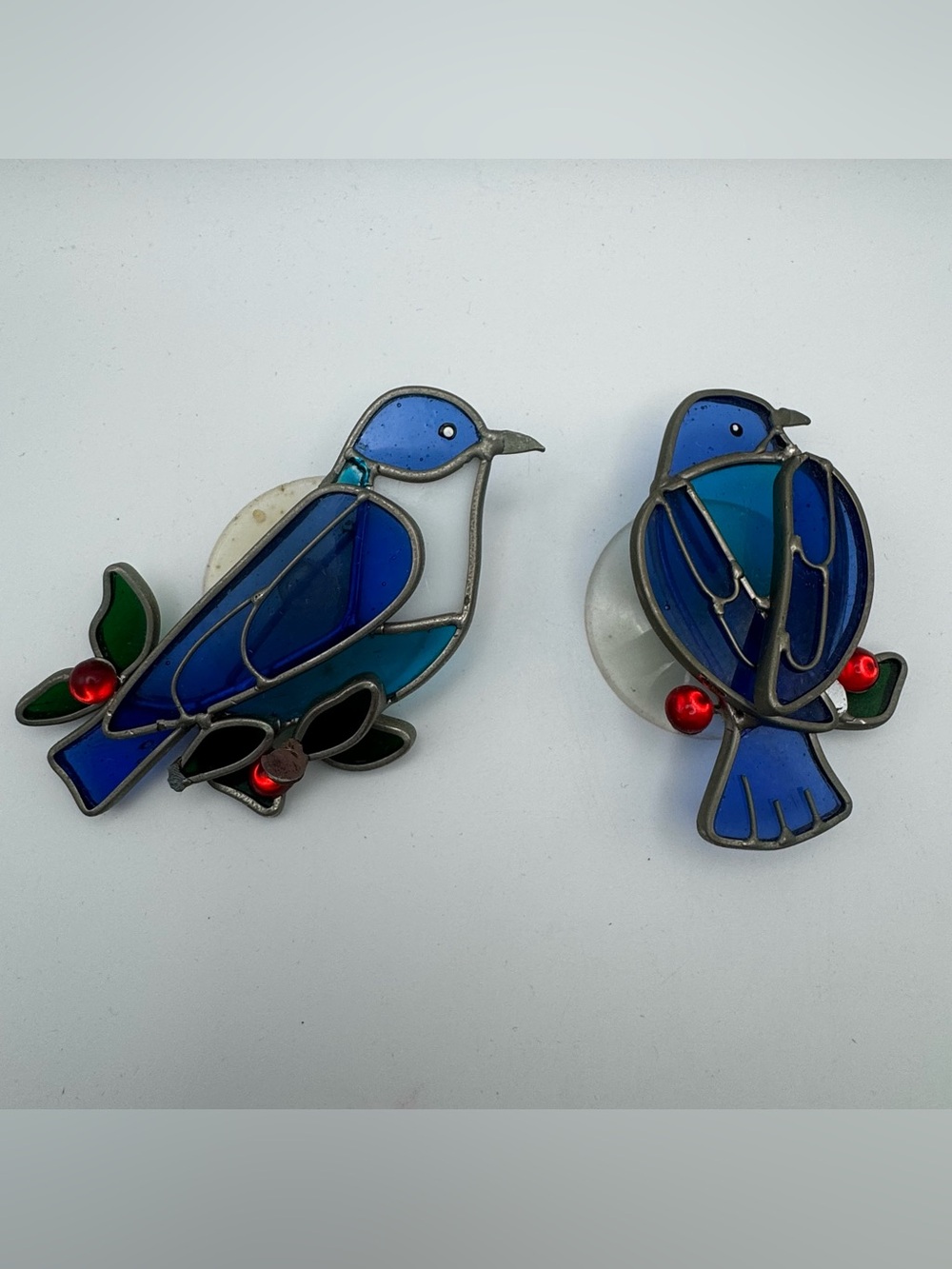 Pair Handmade Stained Glass Bluebird Window Suncatchers w/ Suction Cups BlueBird